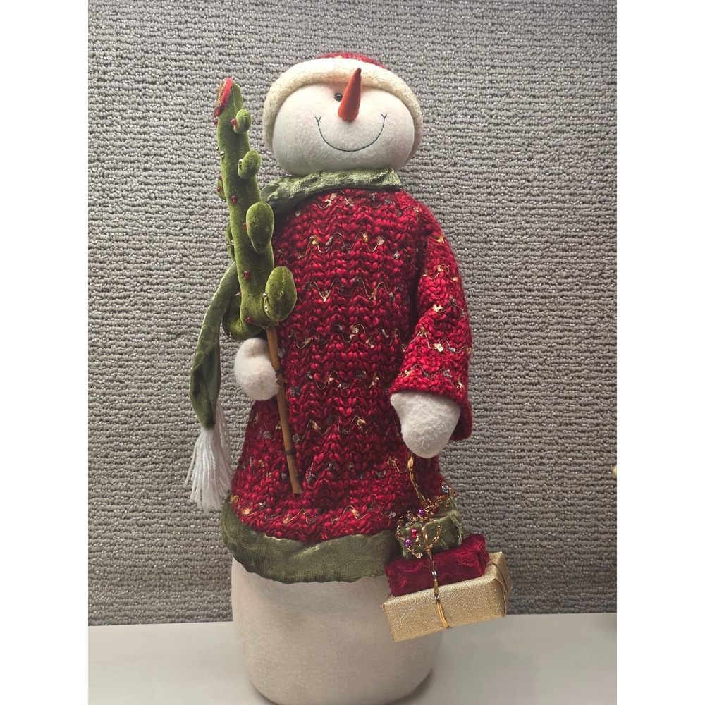Snowman Christmas Figurine Red Knit Sweater Velvet‎ Tree Holiday Decor 18 Inch
